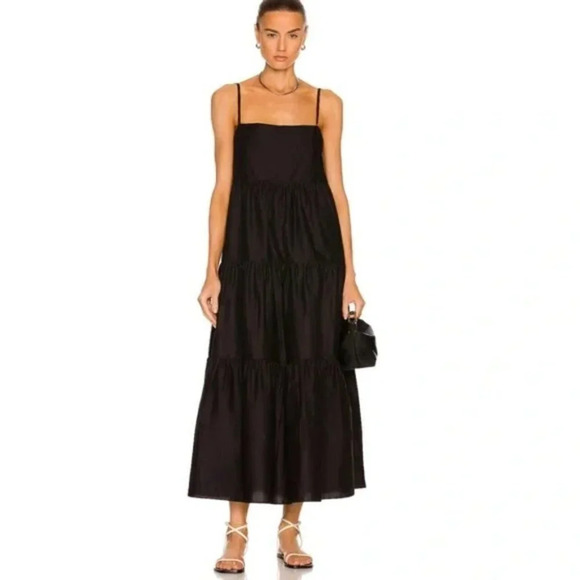 Matteau Tiered Maxi  Long Cotton Square Neck Sundress Black Sz 10 - Picture 1 of 10